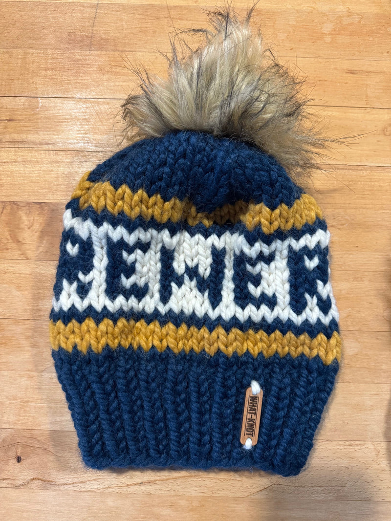 Brewers Knitted Hat with Fur Pom - Blue