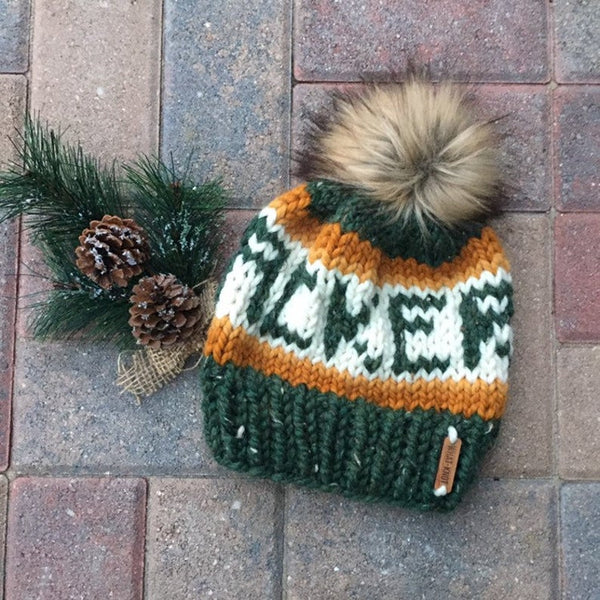 Packers Knitted Hat with Fur Pom - Green & Gold - GILTEE
