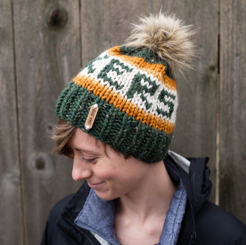 Packers Knitted Hat with Fur Pom - Green & Gold - GILTEE
