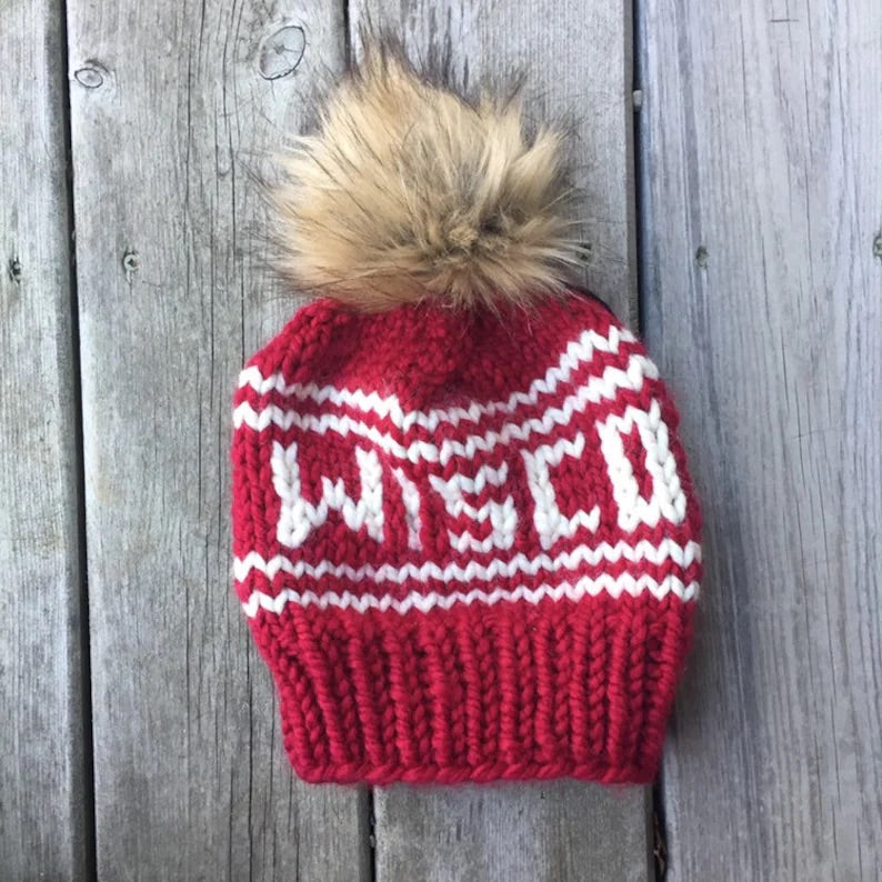 Wisconsin Knitted Hat with Fur Pom - Red - GILTEE
